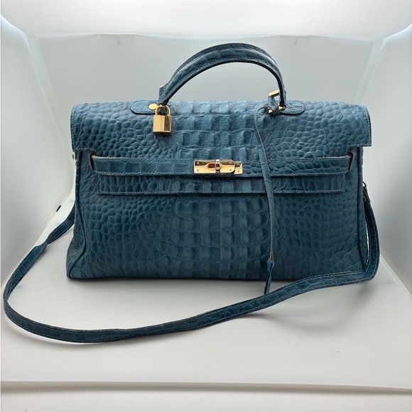 Elegant Blue Crocodile Embossed Leather Birkin Style Handbag Tote - Picture 4 of 8